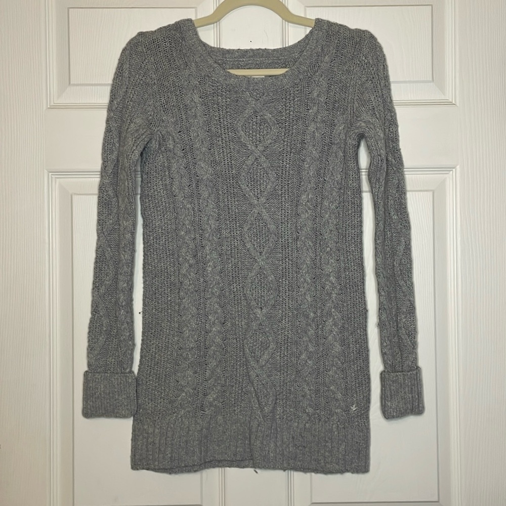 Aerie Slouchy Gray Cable Pullover Knit Sweater, Women’s Size XS